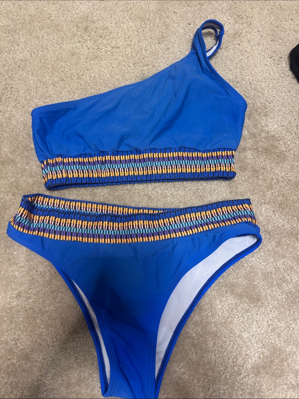 One-Shoulder Blue Two-Piece Swim Set with Multicolor Trim